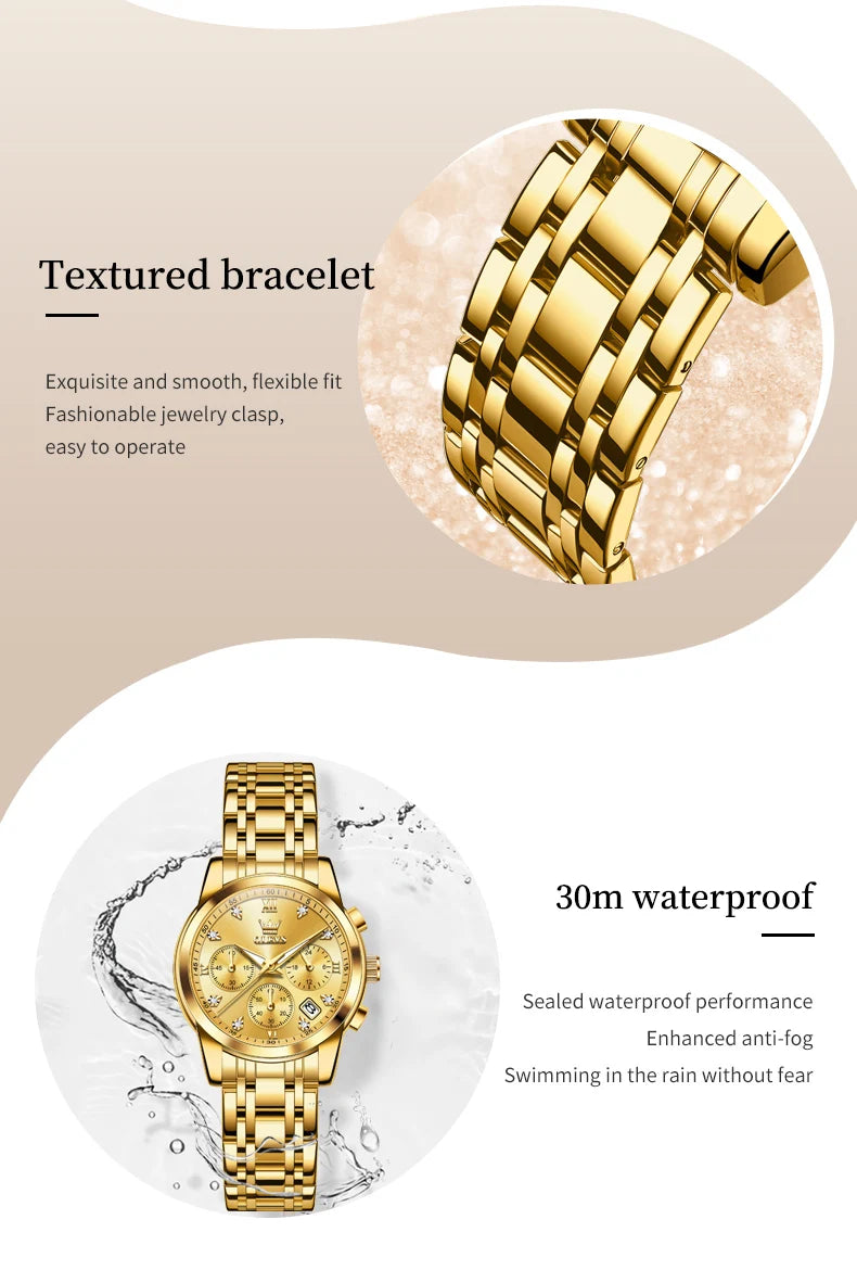 OLEVS 2858 Chronograph Quartz Wristwatches for Woman Fashion Elegant Classic Auto Date Waterproof Stainless Steel Women's Watch
