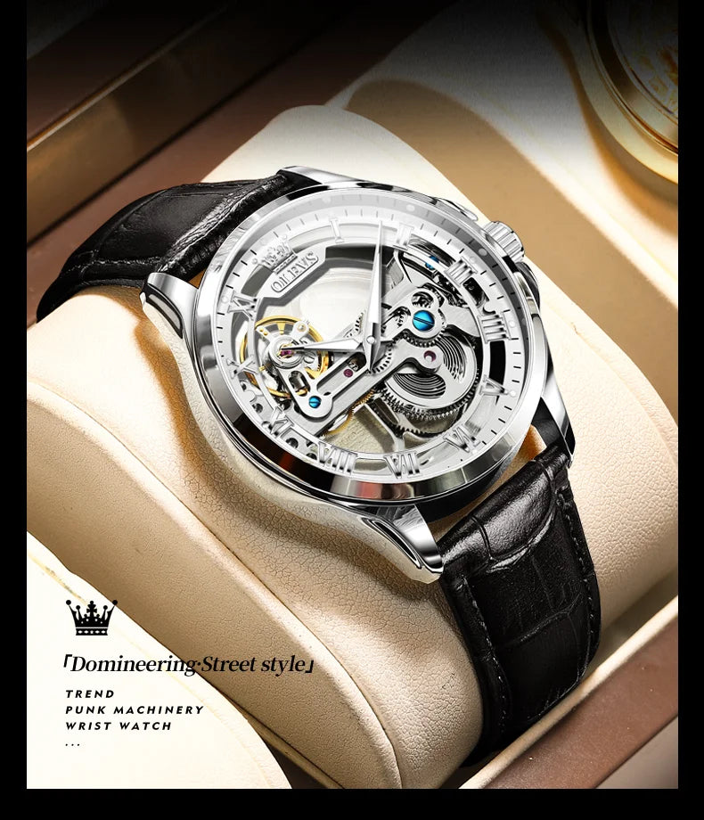 OLEVS Skeleton Automatic Mechanical Watch Men Leather Strap Luminous Waterproof Luxury Business Wristwatch For Man 6661