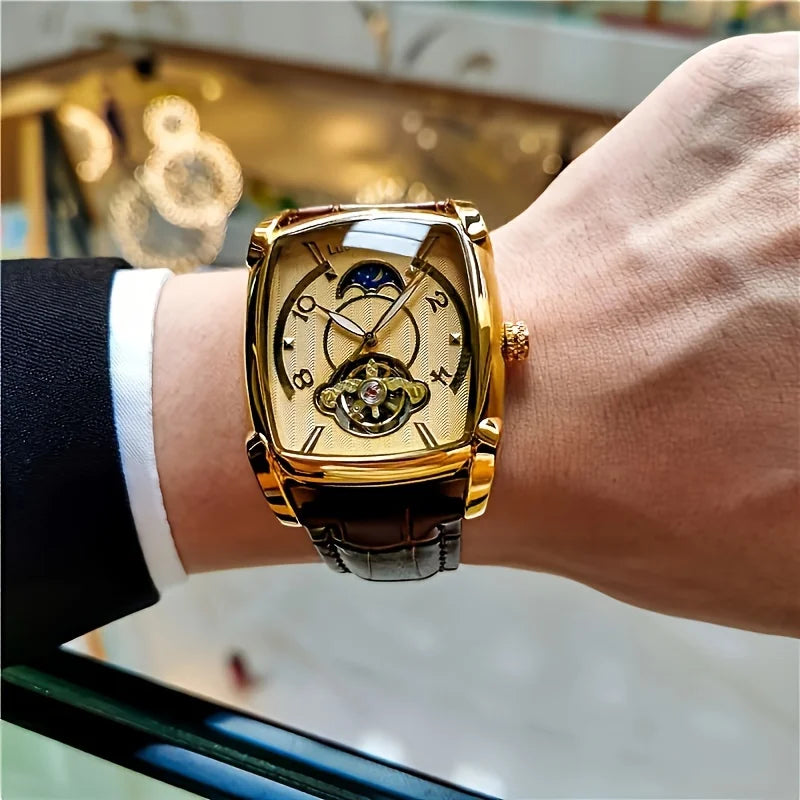 [Relógio mecânico de luxo com turbilhão] Relógio mecânico de luxo com turbilhão, leve, para homem – Modelo topo de gama totalmente automático, com o estilo «esqueleto» em voga, ideal para um look profissional ou