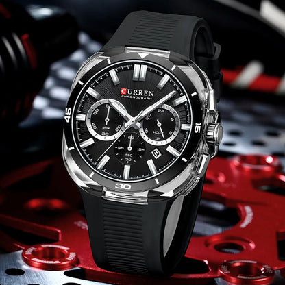 Relógio de homem CURREN – Novo modelo de luxo com movimento de quartzo, bracelete em silicone, estilo desportivo, multifunções, à prova de água, luminoso, com indicação da data e cronómetro.