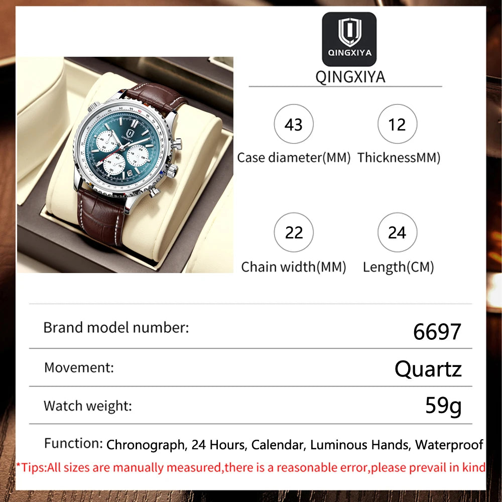 QINGXIYA Luxury Man Watch Quartz Waterproof Luminous Date Chronograph Leather Men Wristwatch Military Sports Men's Watches Reloj