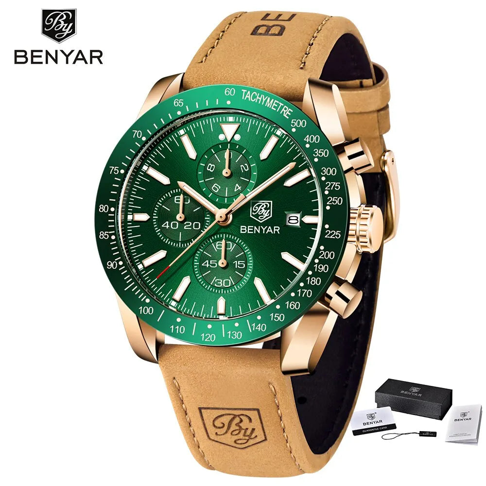 Relógios de luxo para homem BENYAR – Relógios de pulso de quartzo com bracelete em pele, resistentes à água até 30 m, estilo desportivo.