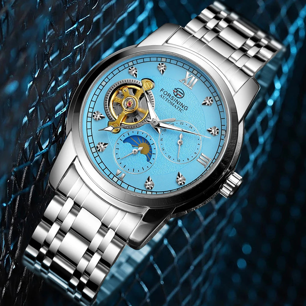 Orologio meccanico automatico da uomo Forsining – Stile lussuoso, business e alla moda, bracciale in metallo, tourbillon, lancette luminescenti, impreziosito da diamanti sintetici