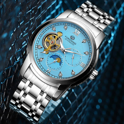 Orologio meccanico automatico da uomo Forsining – Stile lussuoso, business e alla moda, bracciale in metallo, tourbillon, lancette luminescenti, impreziosito da diamanti sintetici
