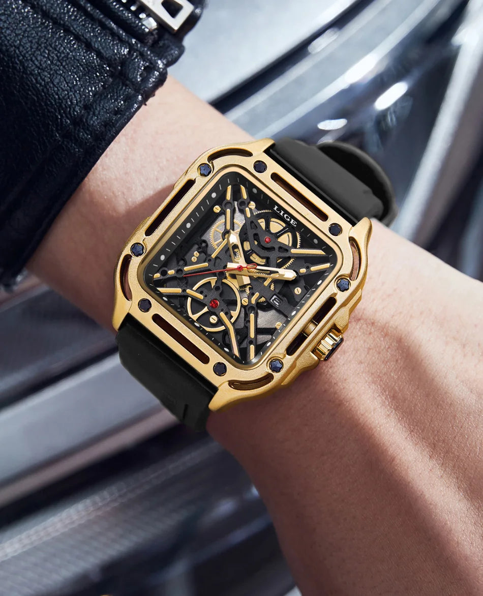 LIGE New Fashion Men Watches Luxury Large Dial Square Design Quartz Watch Casual Silicone Band Men's Sports Watches Reloj Hombre