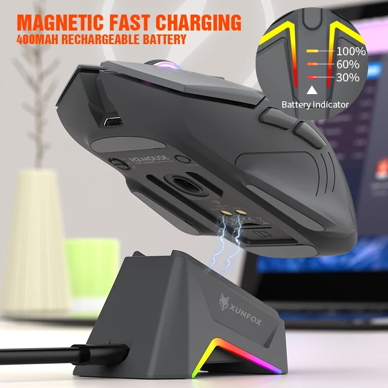XUNSVFOX H2 trådløs Bluetooth-mus med dual-mode, RGB-lyseffekt, til laptop, gaming og kontor, med magnetisk opladning