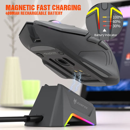 XUNSVFOX H2 trådløs Bluetooth-mus med dual-mode, RGB-lyseffekt, til laptop, gaming og kontor, med magnetisk opladning