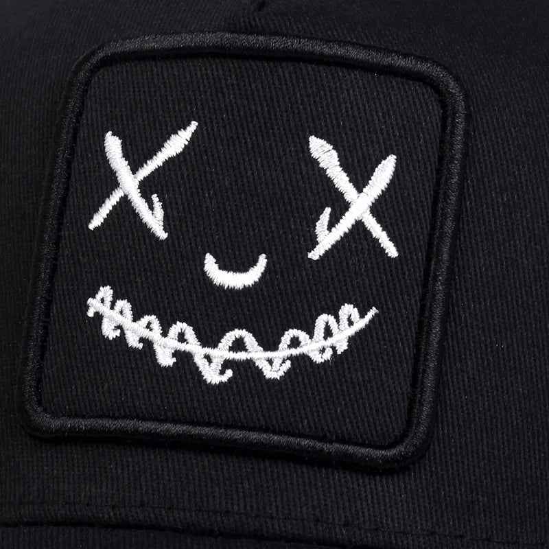 Uomo Donna Cappellini da baseball con ricamo a forma di faccina sorridente in cotone, regolabili con chiusura a scatto, cappellini Hip Hop in rete, cappellini estivi da esterno, cappellini da sole, cappellini da papà