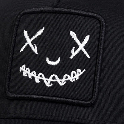 Uomo Donna Cappellini da baseball con ricamo a forma di faccina sorridente in cotone, regolabili con chiusura a scatto, cappellini Hip Hop in rete, cappellini estivi da esterno, cappellini da sole, cappellini da papà