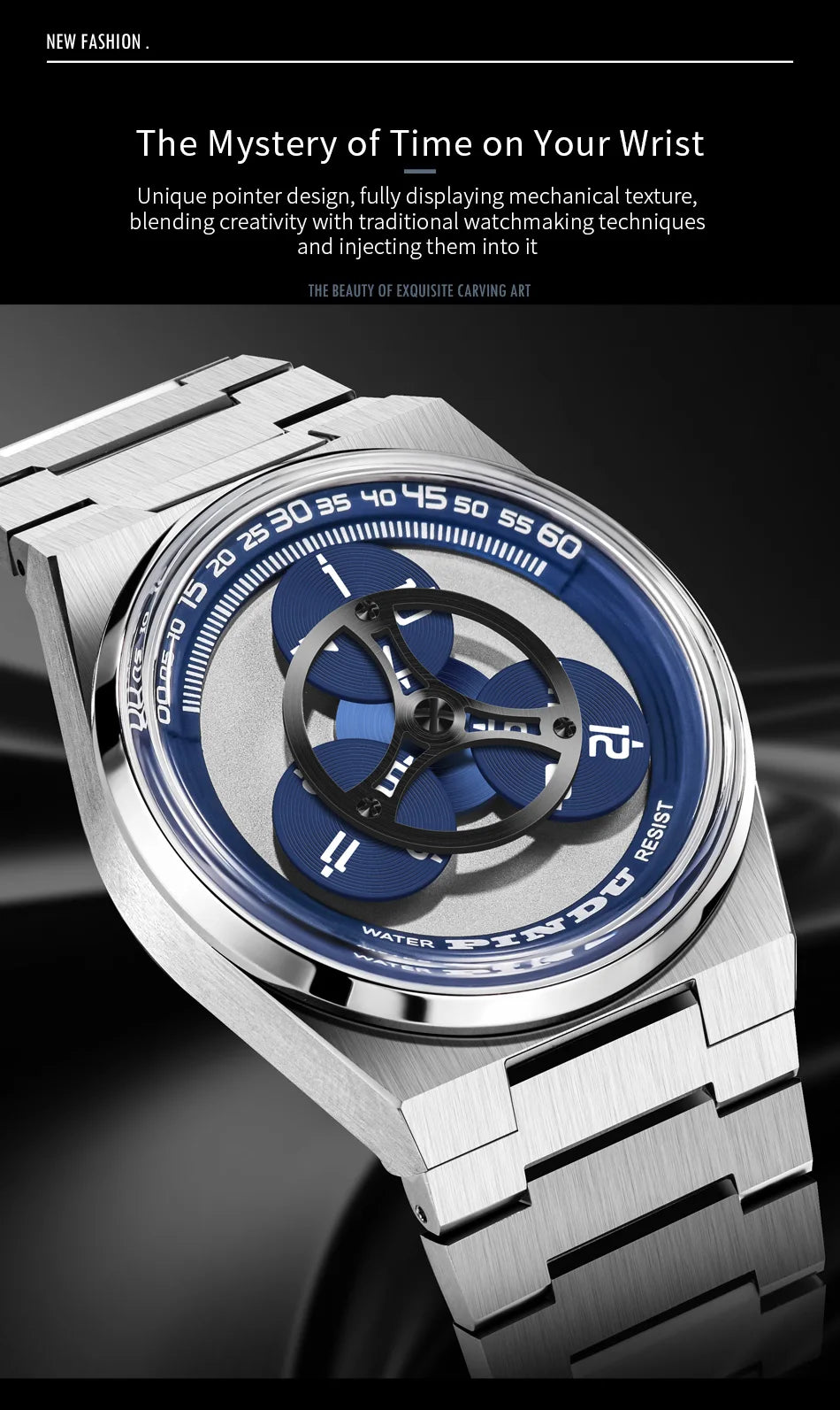 PINDU Turntable Creative Watch Miyota 8215 With Pointerless Design Trendy Steel Business Mechanical Watches Luminous Waterproof