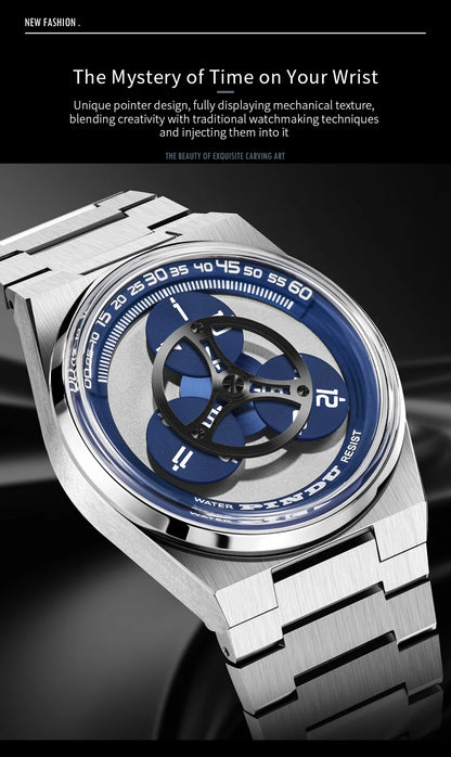 PINDU Turntable Creative Watch Miyota 8215 With Pointerless Design Trendy Steel Business Mechanical Watches Luminous Waterproof