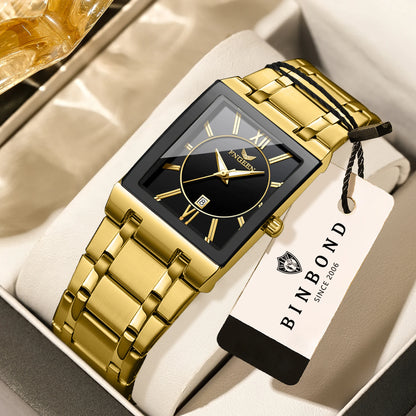 Montre-bracelet de luxe BINBOND à quartz précis pour homme, lumineuse, étanche, date automatique, en acier inoxydable durable, style décontracté.