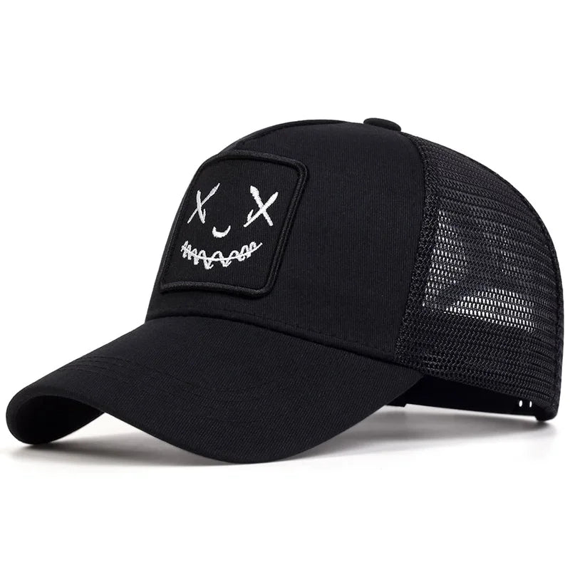 Uomo Donna Cappellini da baseball con ricamo a forma di faccina sorridente in cotone, regolabili con chiusura a scatto, cappellini Hip Hop in rete, cappellini estivi da esterno, cappellini da sole, cappellini da papà