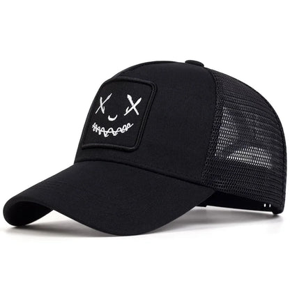 Uomo Donna Cappellini da baseball con ricamo a forma di faccina sorridente in cotone, regolabili con chiusura a scatto, cappellini Hip Hop in rete, cappellini estivi da esterno, cappellini da sole, cappellini da papà