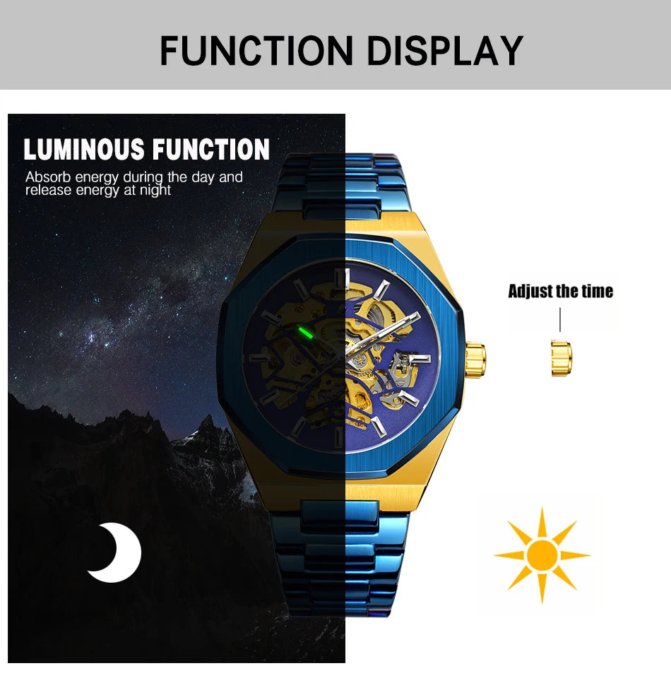 FORSINING 344D Top Brand Luxury Skeleton Automatic Mechanical Men's Watch Hollow Design Luminous Stainless Steel Strap Clock Men