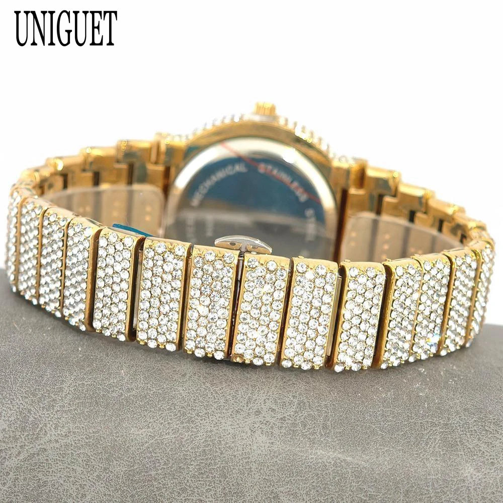 2025 UNIGUET Men's Fashion Iced Watches Luxury Hip Hop Full Diamond Jewelry Quartz Waterproof Business Wrist Watch for Men New