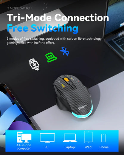 Bezdrátová herní myš Bluetooth, kabelová/bezdrátová RGB myš s 12800 DPI a 7 programovatelnými tlačítky, pro PC, notebook, gaming