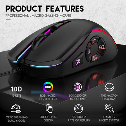 Kancelářská herní myš s kabelem 7200DPI, RGB podsvícení, 6 nastavitelných úrovní DPI, 10 programovatelných tlačítek, tlačítko návratu na plochu
