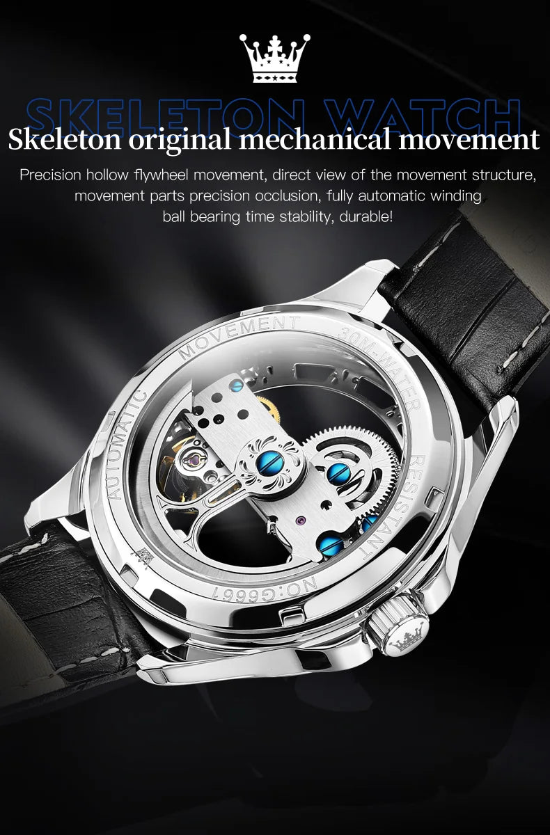 OLEVS Skeleton Automatic Mechanical Watch Men Leather Strap Luminous Waterproof Luxury Business Wristwatch For Man 6661