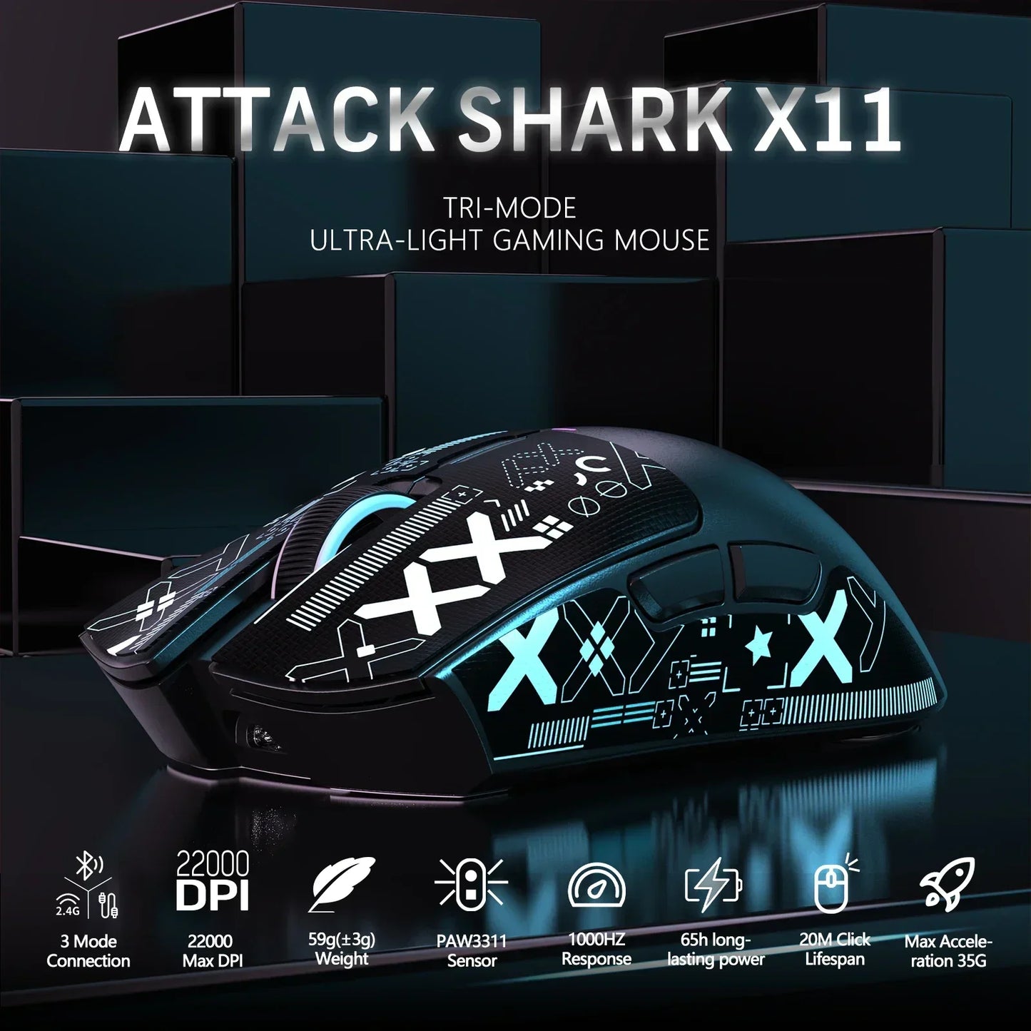 Alkuperäinen tuotemerkki ATTACK SHARK X11 langaton pelihiiri lataustelakalla, PixArt PAW3311 -pelisensori, Origin BT/2.4G langaton/langallinen