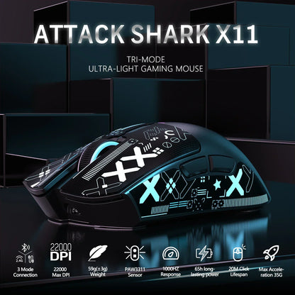 Alkuperäinen tuotemerkki ATTACK SHARK X11 langaton pelihiiri lataustelakalla, PixArt PAW3311 -pelisensori, Origin BT/2.4G langaton/langallinen