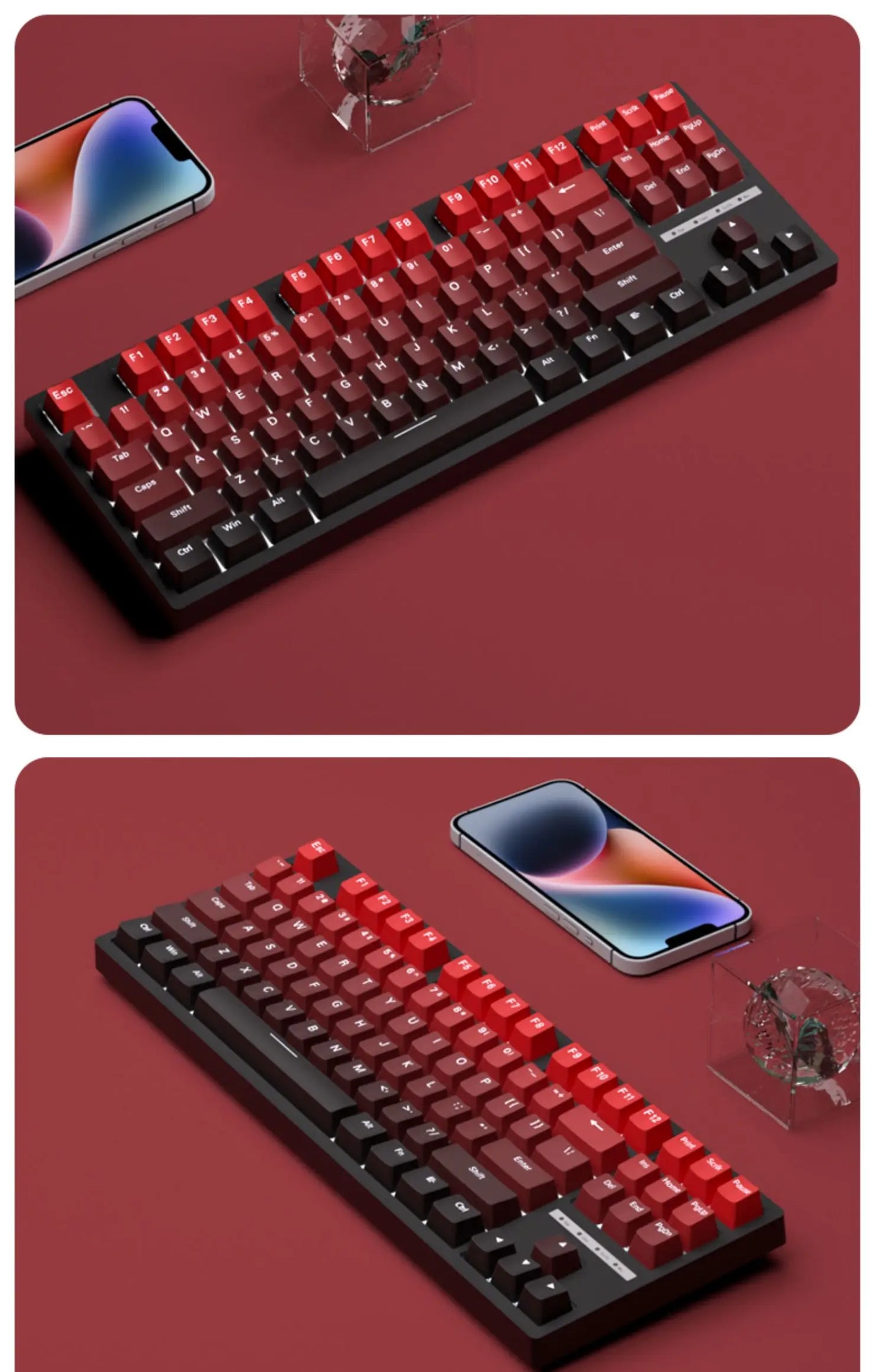 Novas Keycaps para Teclado Mecânico Gaming 60/64/84/98/108 com Switch MX, 135 Teclas OEM PBT, Gravação Lateral, Gradiente Vermelho e Preto