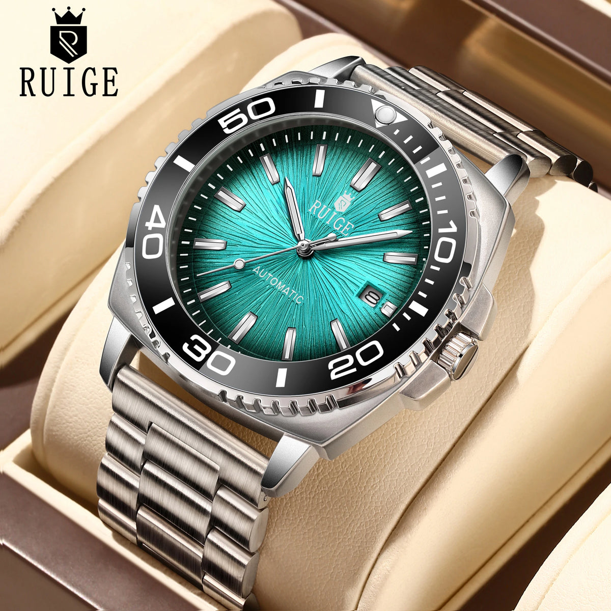 RUIGE Fashion Men's Fully Automatic Mechanical Watch Stainless Steel Calendar Men's Night Light Waterproof Versatile Watch