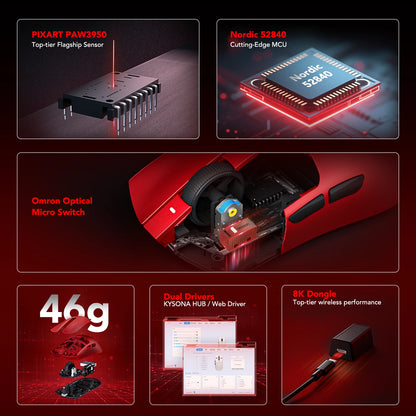 Геймърска мишка KYSONA Jupiter Series – жична/безжична мишка, 8Khz, сензор PAW3950, Bluetooth, 46g, презареждаема, уеб драйвер, за PC и лаптоп