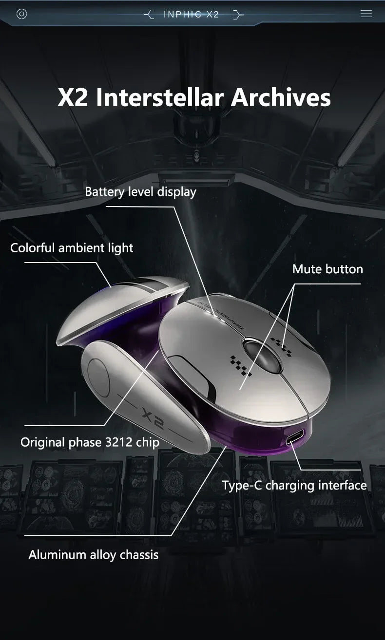 Inphic X2 trostruki način rada metalni Bluetooth bežični miš, tihi, punjivi, s e-sport pozadinskim osvjetljenjem, gaming dodatak za PC i prijenosna računala, poklon