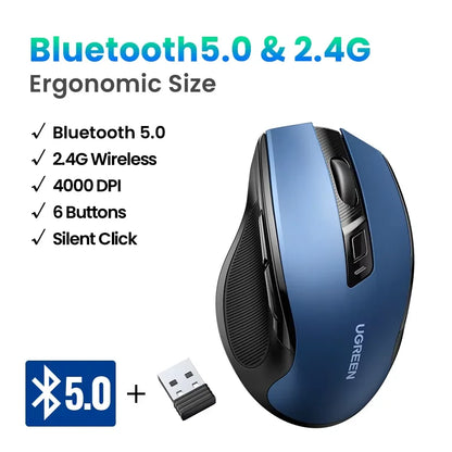 UGREEN bežični miš Bluetooth 5.0, ergonomski miš 4000DPI sa 6 tihih tipki, miš za MacBook, tablet, prijenosna računala, računalo PC, 2.4G miševi