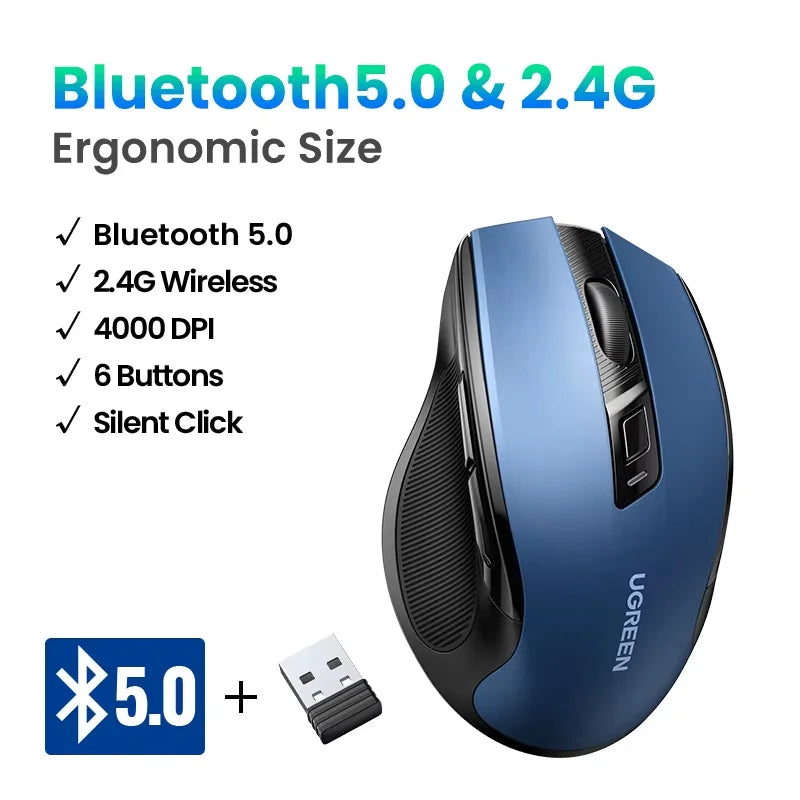 UGREEN belaidė pelė Bluetooth5.0, ergonomiška 4000DPI pelė su 6 tyliais mygtukais, skirta MacBook, planšetėms, nešiojamiesiems kompiuteriams, kompiuteriams ir PC, 2.4G pelė