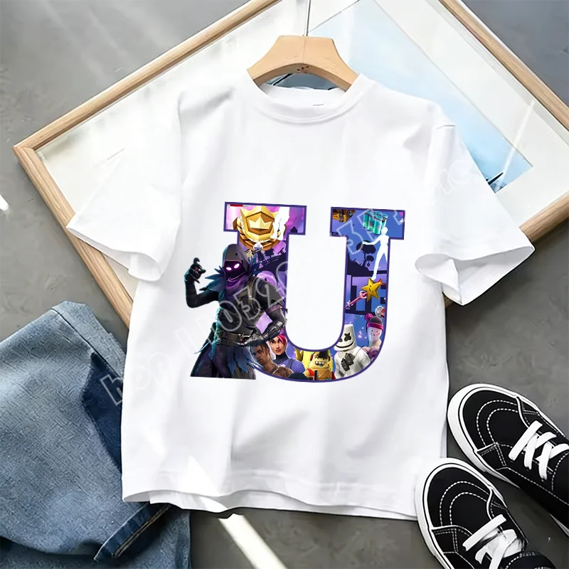 Tricou Fortnite cu imprimeu alfabet A-Z, de vară, pentru copii, alb, îmbrăcăminte cu joc cartoon popular, tricou fashion casual cu mânecă scurtă, cadou