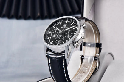 Relógio de luxo para homem Benyar – Cronógrafo com data, bracelete em pele, estanque, luminescente, estilo desportivo e militar, relógio de quartzo