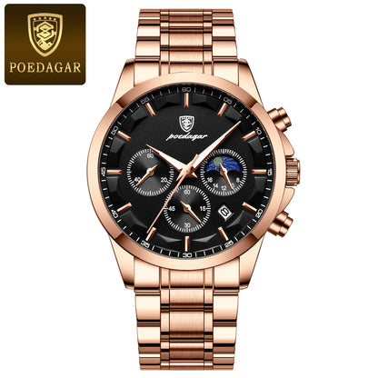 Montre-bracelet de luxe pour homme POEDAGAR, style militaire, étanche, lumineuse, chronographe, en acier inoxydable, à quartz, avec boîte.