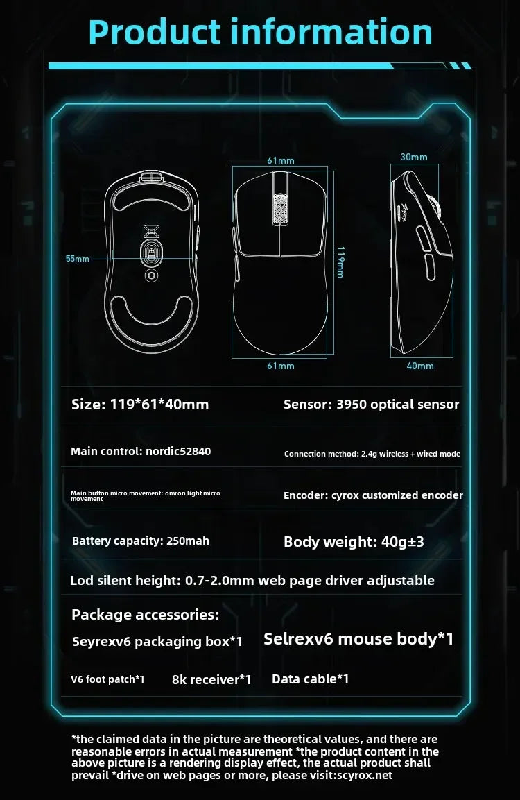 SCYROX V6 neporézní bezdrátová esportovní myš 40g 750IPS s 8k přijímačem, rychlá odezva, PixArt 3950, vysoká kvalita, 8KHz webový ovladač