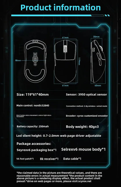 SCYROX V6 neporézní bezdrátová esportovní myš 40g 750IPS s 8k přijímačem, rychlá odezva, PixArt 3950, vysoká kvalita, 8KHz webový ovladač