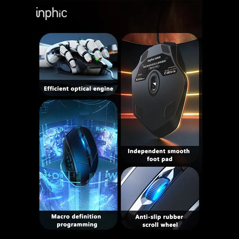 Кабелна мишка Inphic W1 Esports Gaming Mouse, безшумна офис мишка, опция с три или шест бутона