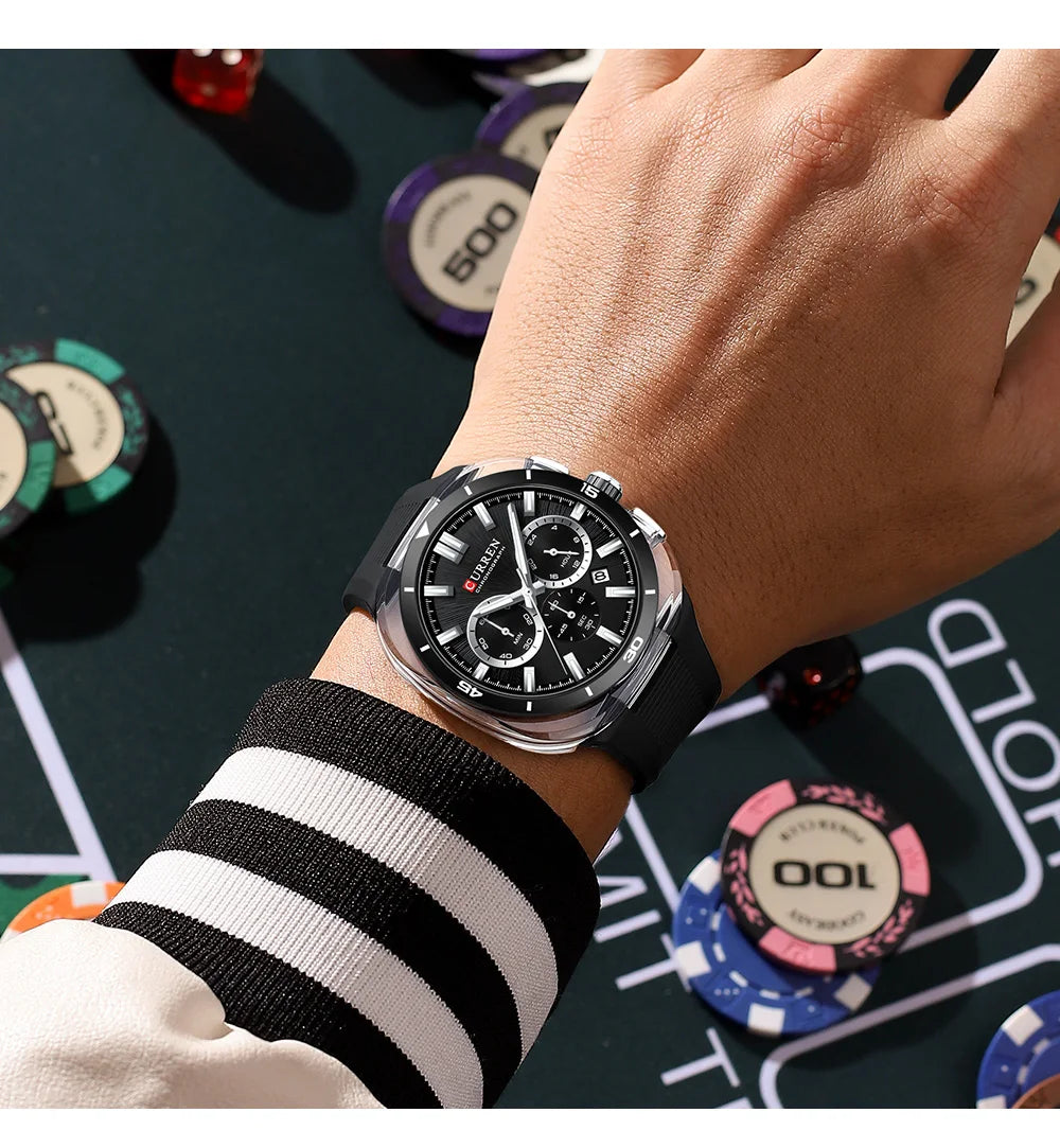 Relógio de homem CURREN – Novo modelo de luxo com movimento de quartzo, bracelete em silicone, estilo desportivo, multifunções, à prova de água, luminoso, com indicação da data e cronómetro.