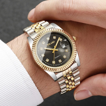 Luxury Men Calendar Quartz Watch  Fashion Rhinestone Steel Men's Business Watches Reloj Hombre Clock Gift（Without Box）