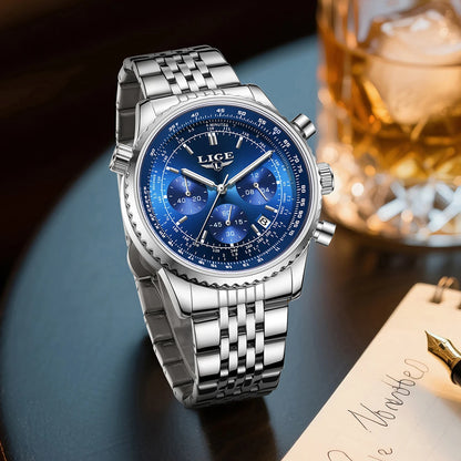 Luxusní pánské hodinky LIGE – chronograf s datem, z nerezové oceli, vodotěsné, s luminiscenčními prvky, ve sportovním a vojenském stylu, pánské quartzové hodinky