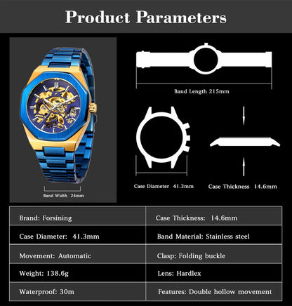 FORSINING 344D Top Brand Luxury Skeleton Automatic Mechanical Men's Watch Hollow Design Luminous Stainless Steel Strap Clock Men
