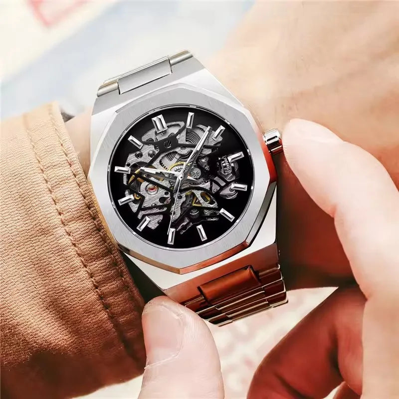 FORSINING 344D Top Brand Luxury Skeleton Automatic Mechanical Men's Watch Hollow Design Luminous Stainless Steel Strap Clock Men