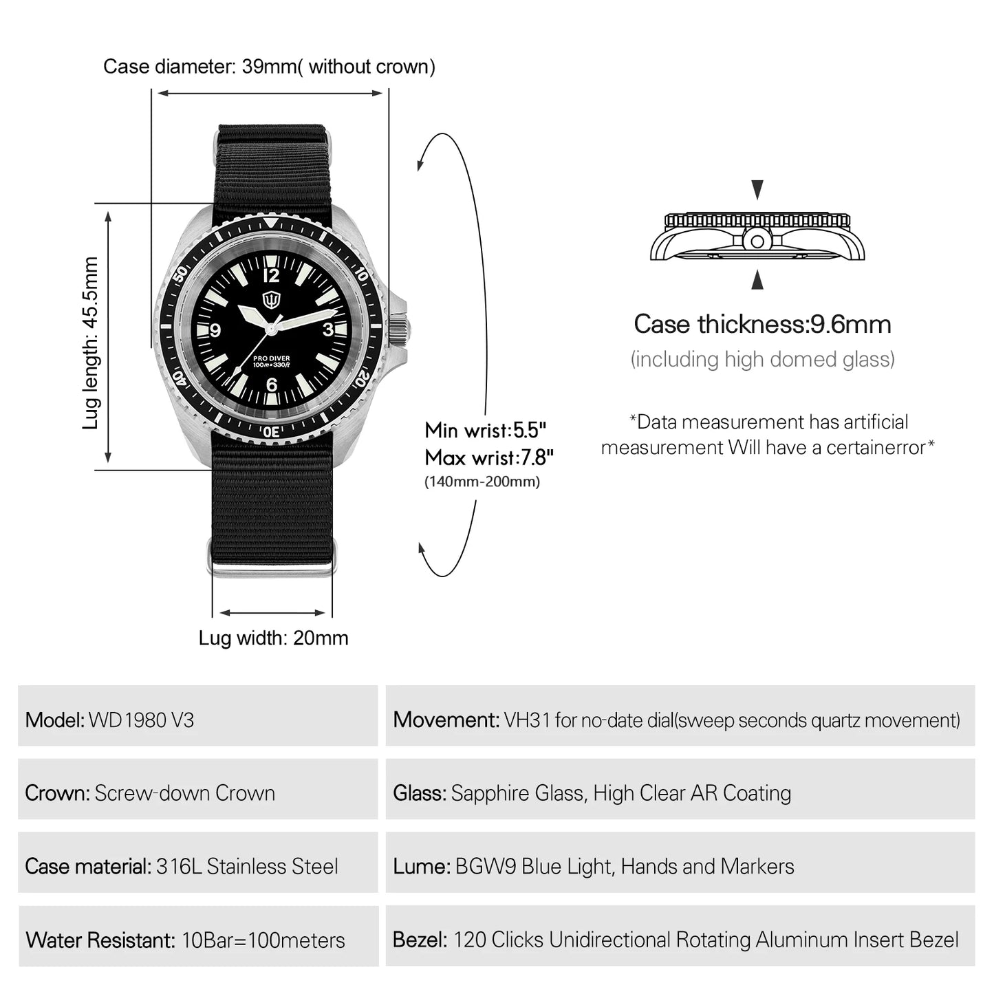 Watchdives WD1980 V3 Quartz Watch 100m Waterproof BGW9 Luminous Nylon Strap Watch Sapphire VH31 Movement Men Watch with Gift Box