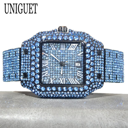 Green Diamond Watch For Men Brand UNIGUET Fashion Roman Literal Quartz Clock Man Hip Hop Iced Jewelry Square Wristwatch 2025 New
