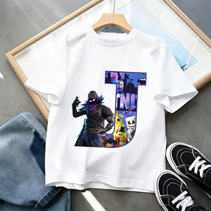 Tricou Fortnite cu imprimeu alfabet A-Z, de vară, pentru copii, alb, îmbrăcăminte cu joc cartoon popular, tricou fashion casual cu mânecă scurtă, cadou
