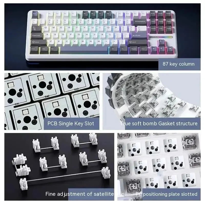 Teclado Mecânico AULA F87 Pro 2.4g/USB/Bluetooth sem fios trimodo, 87 teclas, RGB, PBT, estrutura gasket, 5 camadas de isolamento acústico, teclas completas sem impacto