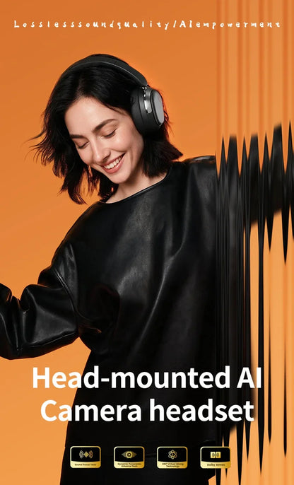 Casque audio supra-auriculaire intelligent avec caméra HD 8MP, reconnaissance d'objets par IA, traduction par IA, casque Bluetooth pour les voyages et les études
