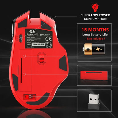 Mouse gaming wireless Redragon M690-1 2.4Ghz cu schimbare DPI, 2 butoane laterale, 2400 DPI, design ergonomic, 8 butoane - mouse negru