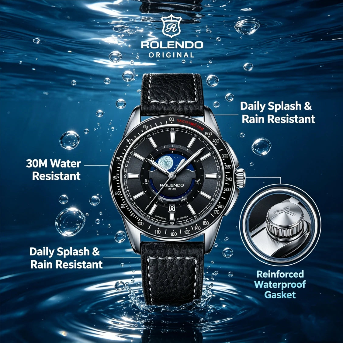 ROLENDO 1908 Men Automatic Mechanical Watch 21 Jewels Black Genuine Leather Business Wristwatch Waterproof Luxury Male Timepiece