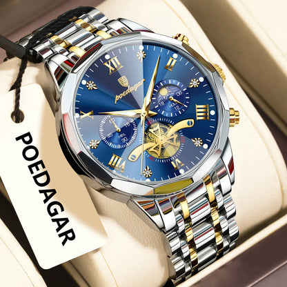 Montre homme POEDAGAR de luxe originale, étanche, chronographe lumineux, montre-bracelet en acier inoxydable à quartz, montres haut de gamme pour hommes